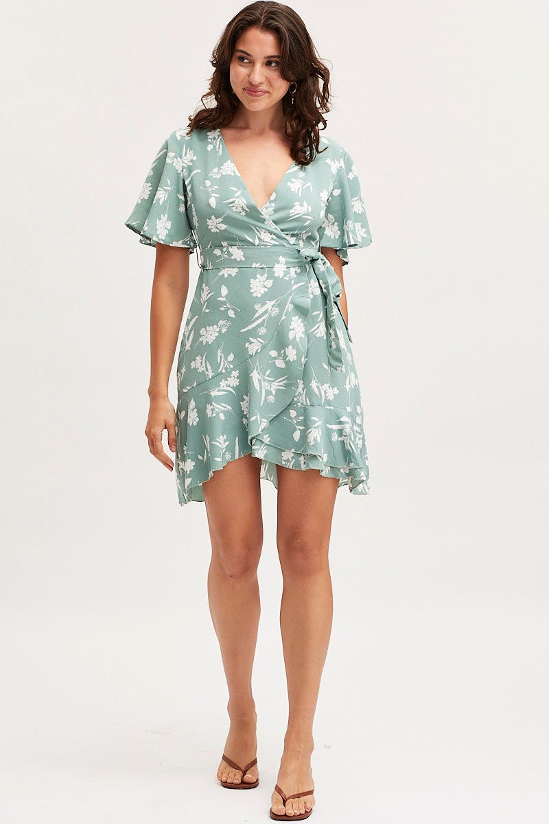 Print Wrap Dress Short Sleeve Mini Ruffle