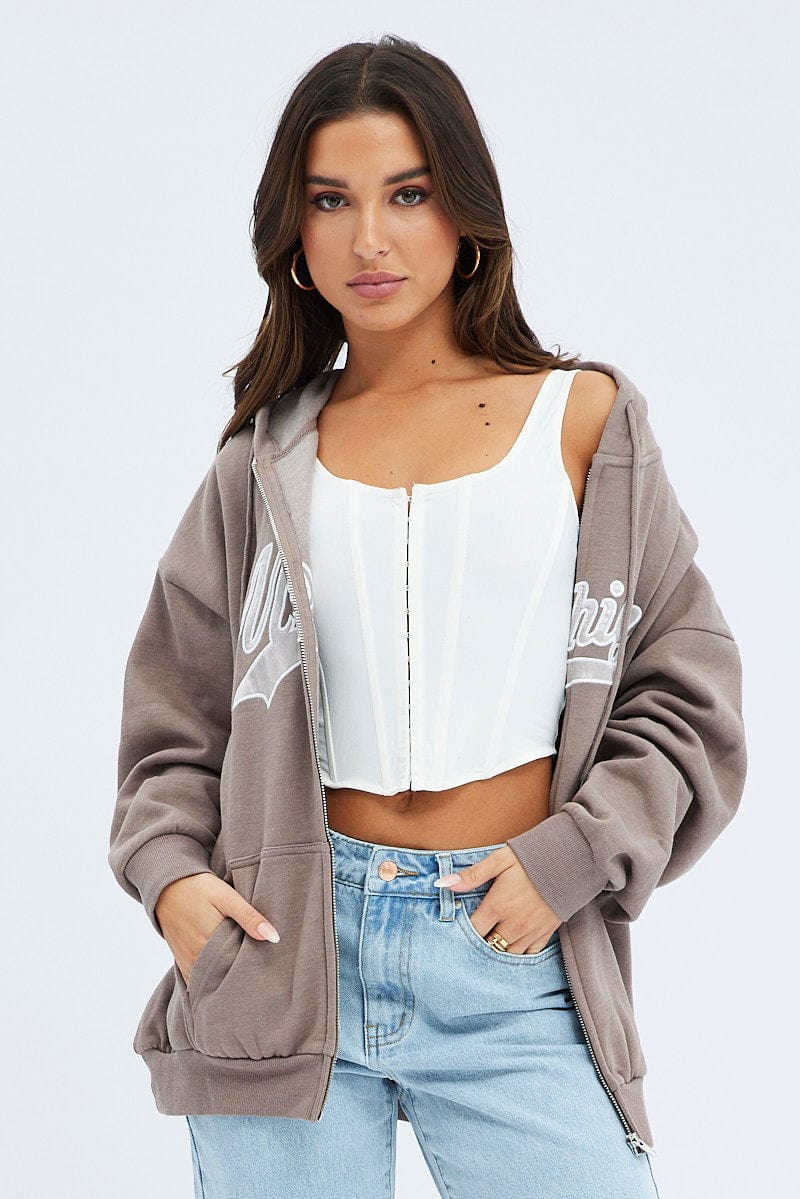 Brown Zip Hoodie Long Sleeve Graphic