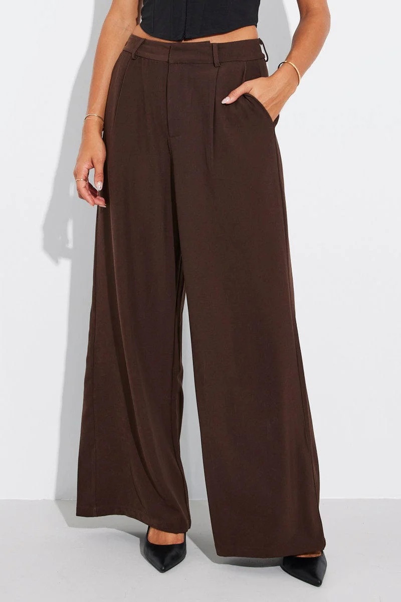 Brown Wide Leg Pants High Rise