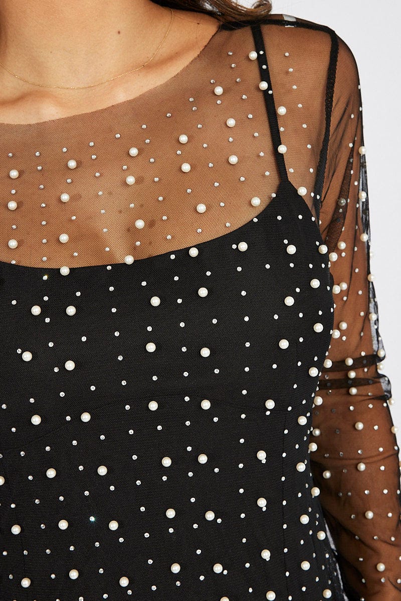 Black Mini Dress Sheer Pearl