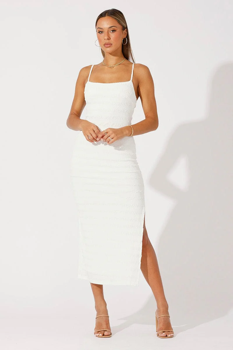 White Maxi Dress Square Neck Bodycon Textured