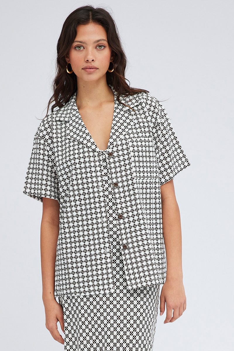 Brown Geo Shirt Short Sleeve Collared Neck