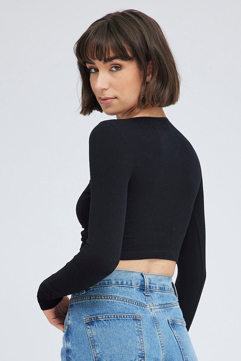 Black Top Long Sleeve Lace Up Seamless