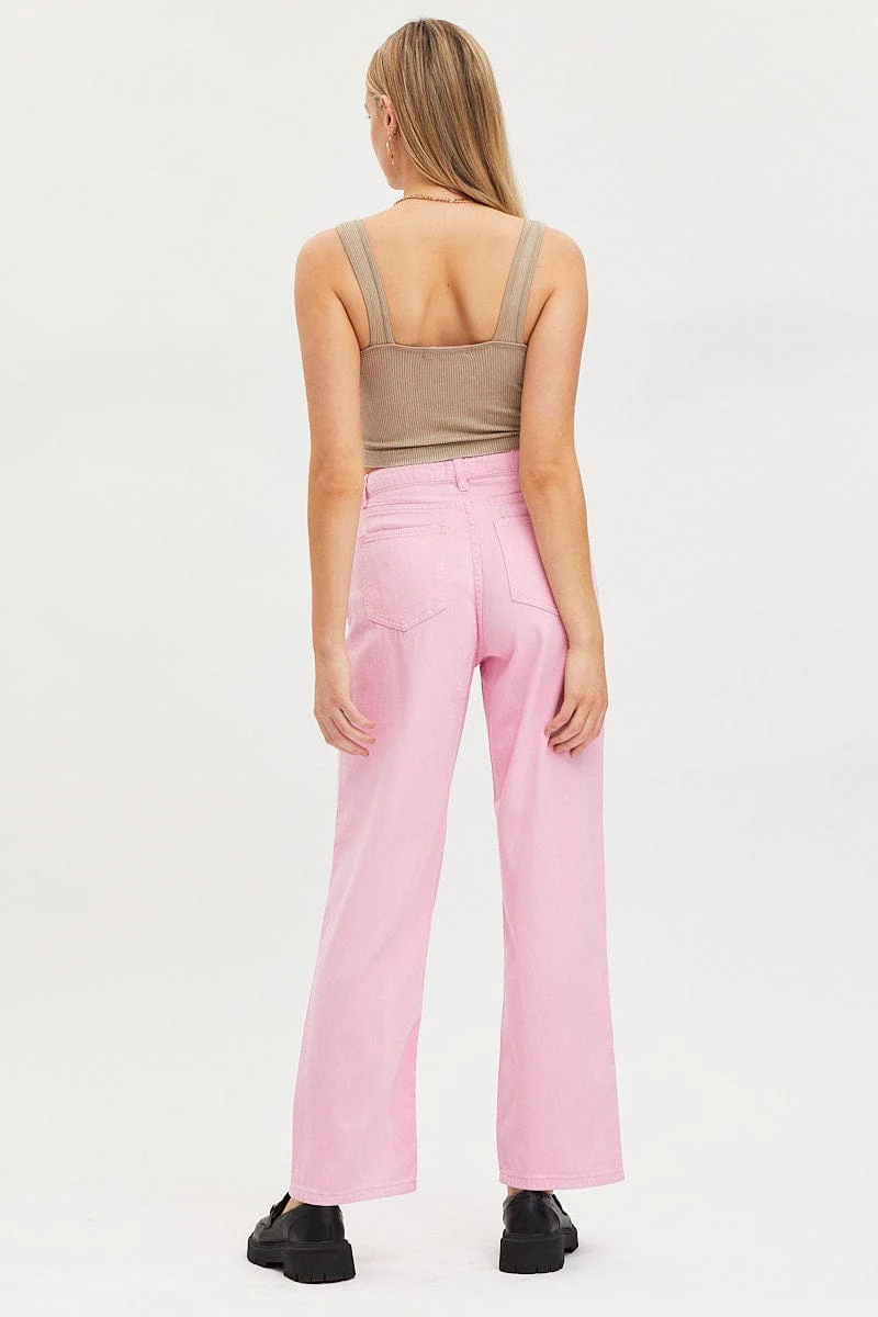 Pink Straight Denim Jeans High Rise