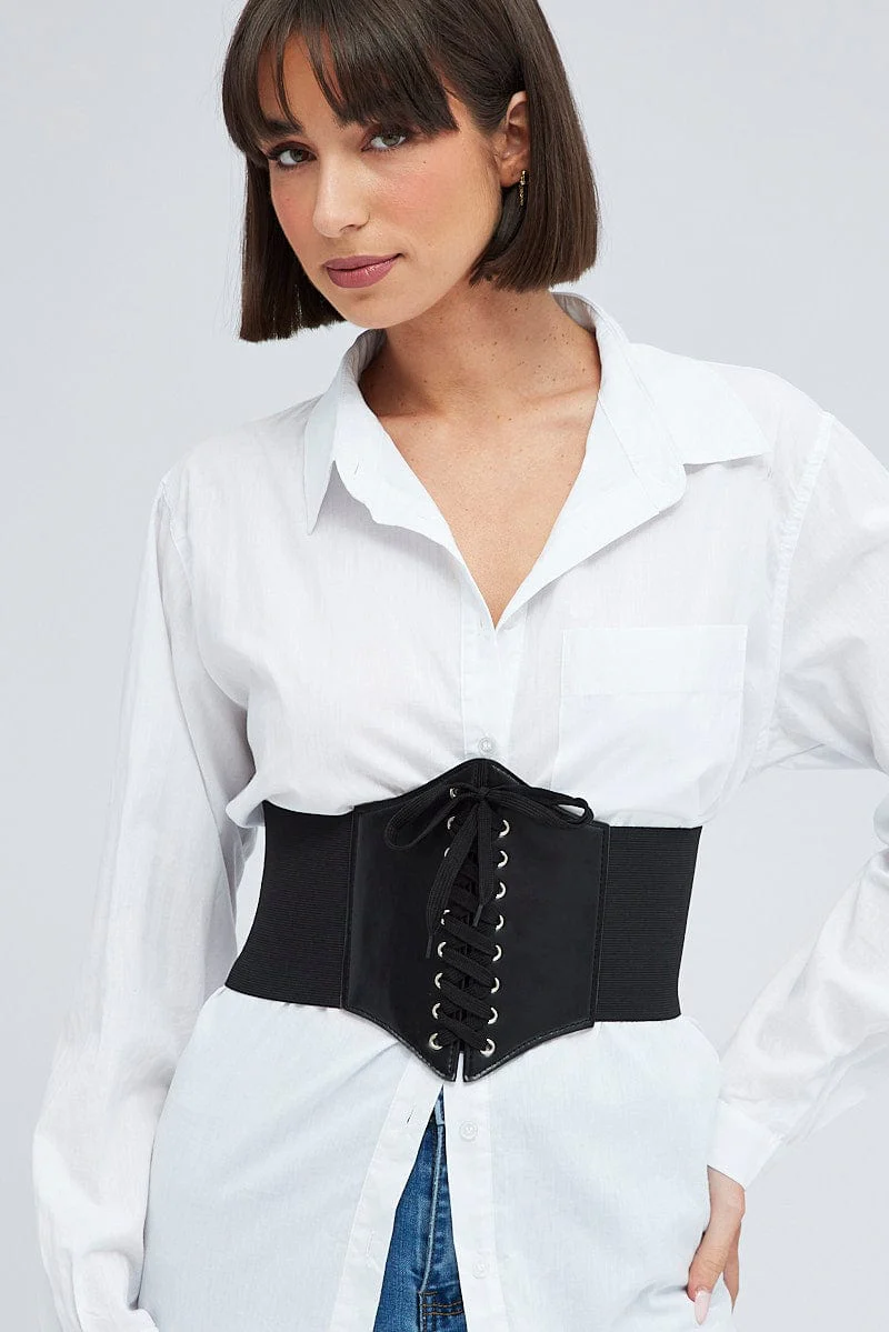 Black Lace Up Waist Cinch Corset Belt