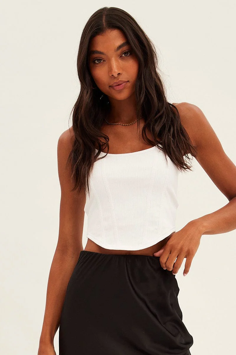 White Corset Singlet Sleeveless Scoop Neck Rib Jersey