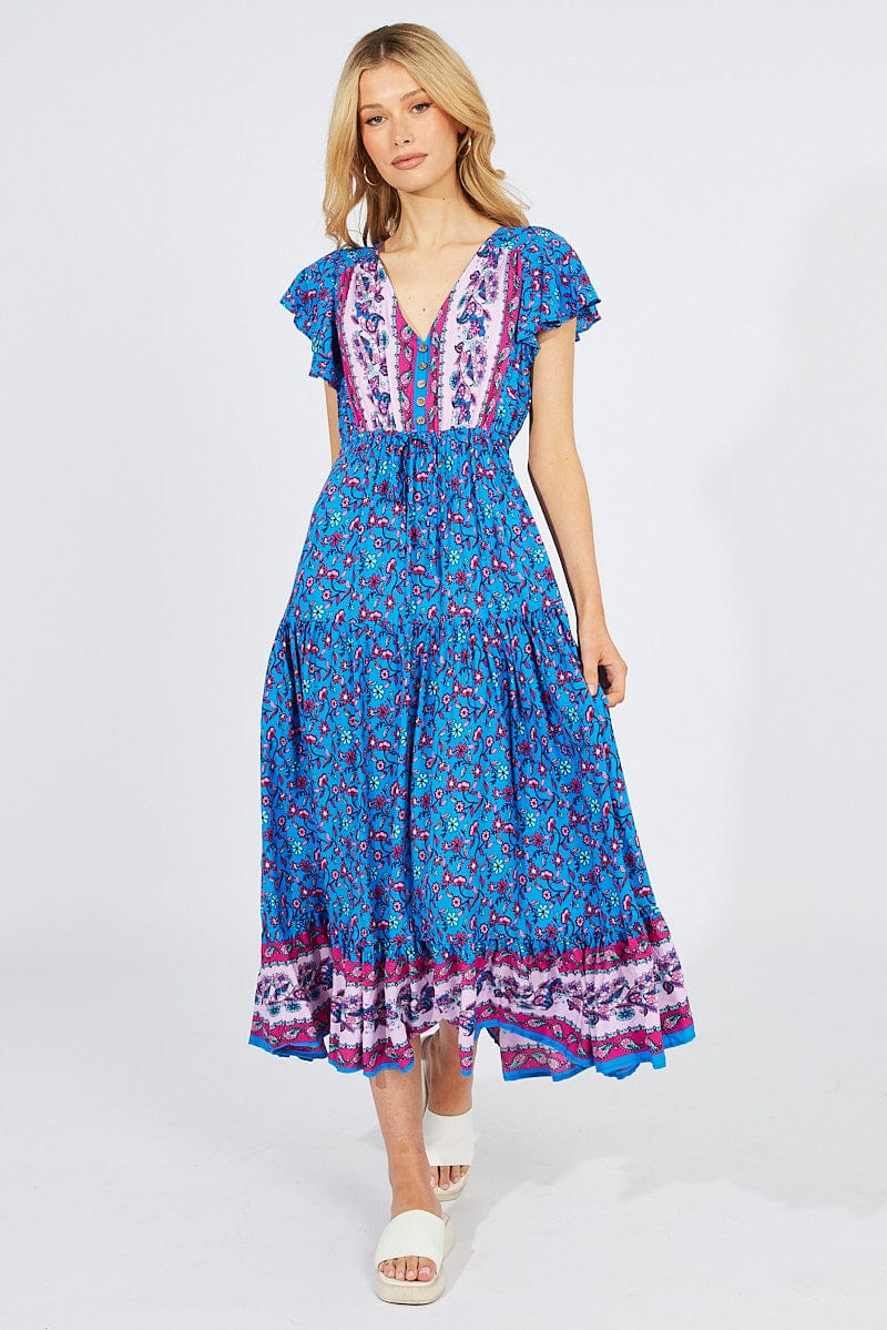 Blue Boho Maxi Dress Short Sleeve
