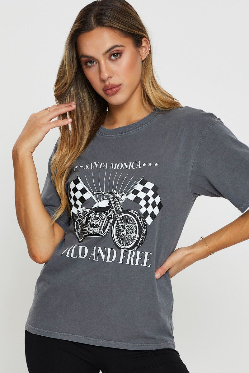 Grey Graphic T Shirt Short Sleeve