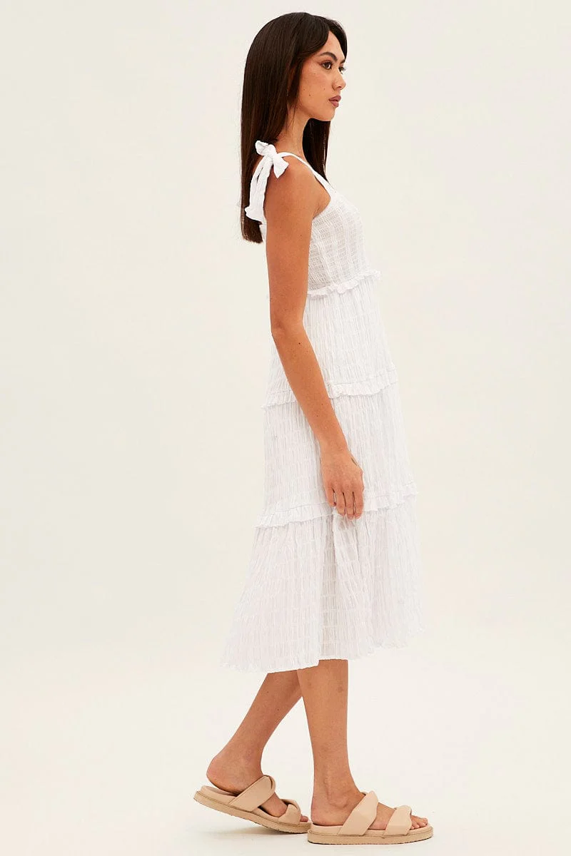 White Midi Dress Sleeveless Shirred Texture Cotton