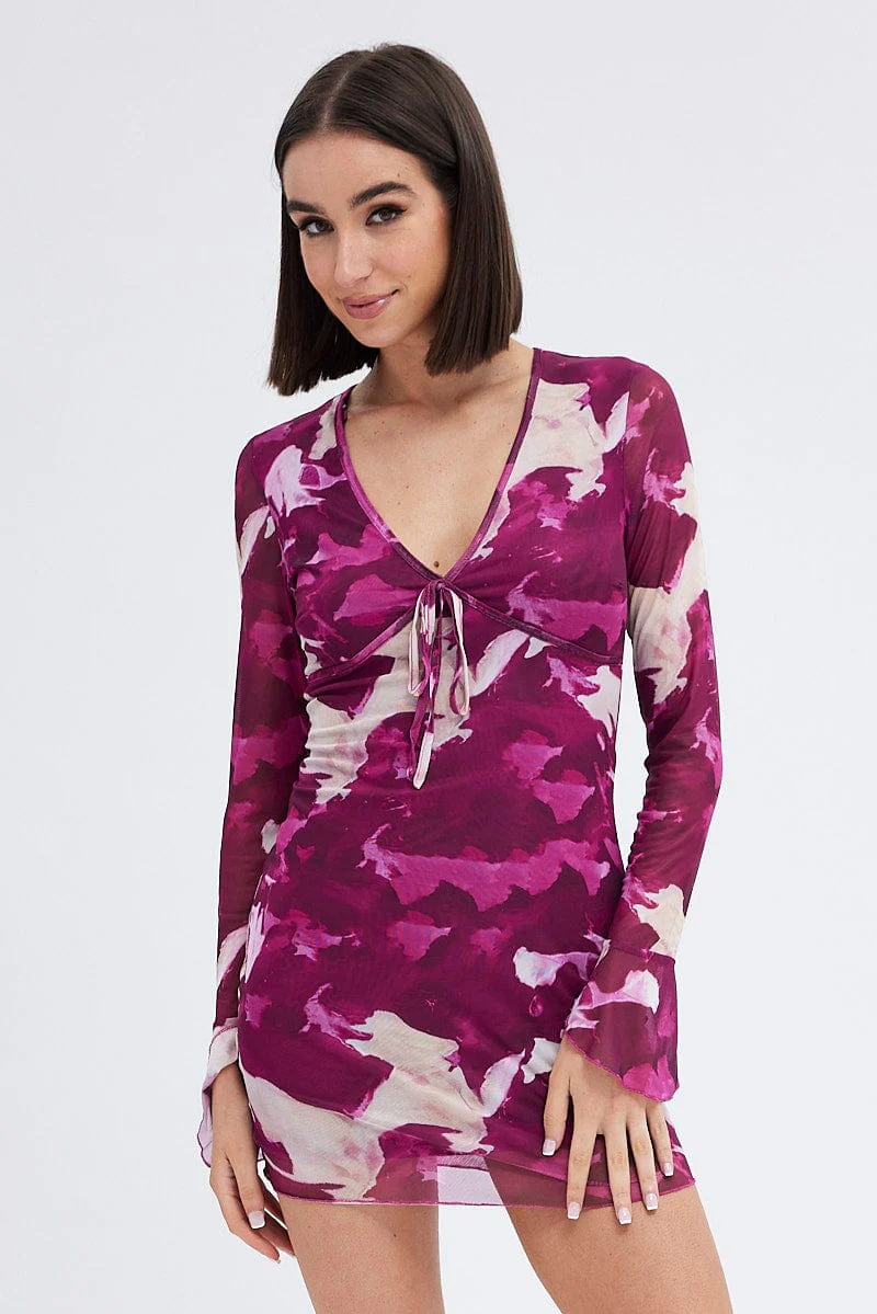 Pink Abstract Mesh Dress Long Sleeve Mini