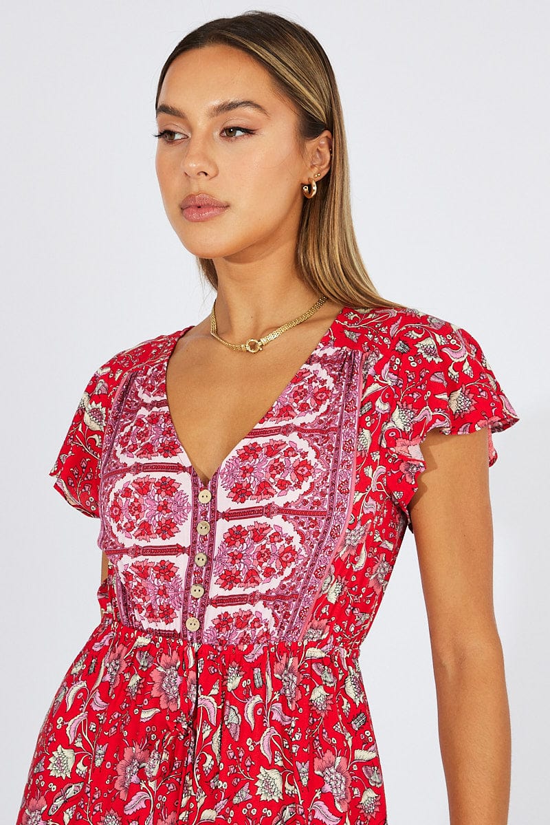 Red Boho Maxi Dress Short Sleeve