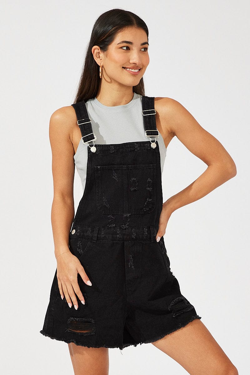 Black Short Overalls Ripped