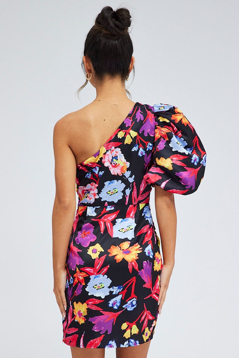 Multi Floral One Shoulder Puff Sleeve Statement Mini Dress