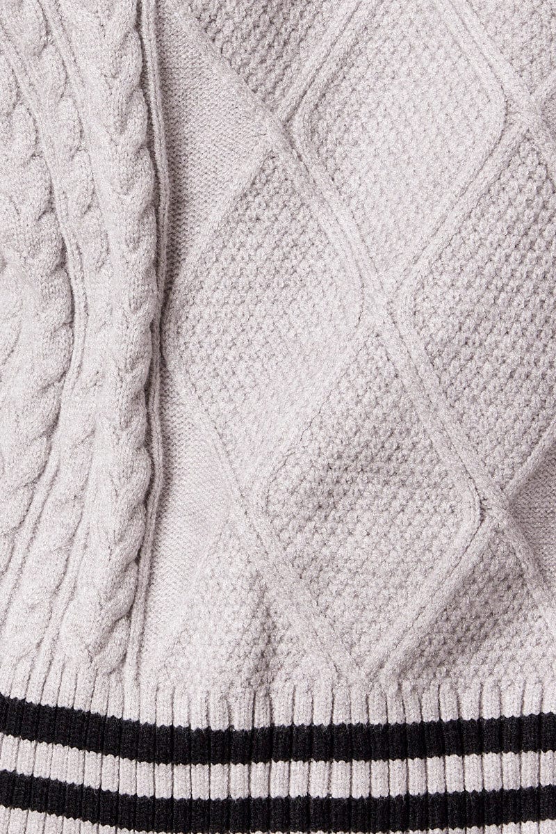 Grey Knit Top Long Sleeve V-Neck Cable