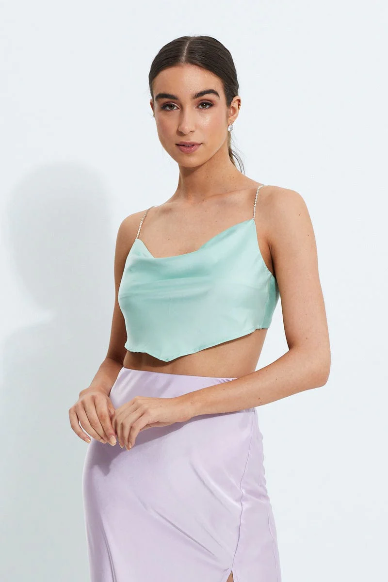 Green Designer Satin Diamante Strap Scarf Strappy Top