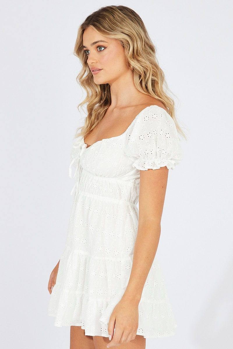 White Fit and Flare Dress Short Sleeve Broidery