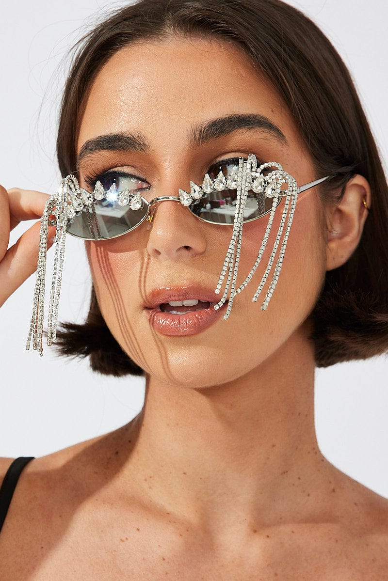 Grey Rhinestones Tassel Detail Sunglasses