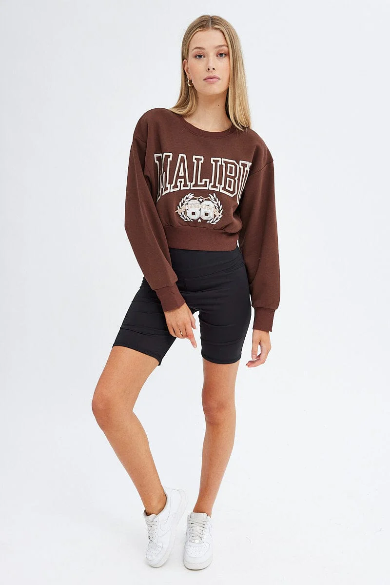 Brown Sweater Round Neck Long Sleeve Embroidery