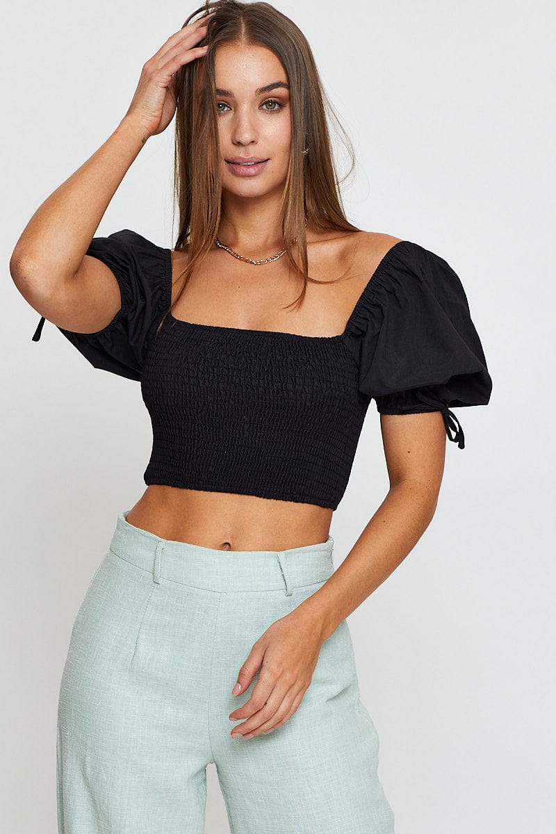 Black Puff Sleeve Top Short Sleeve Crop