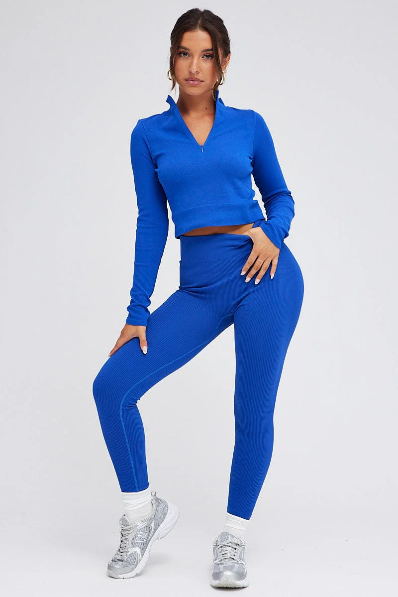 Blue Zip up Top Long sleeve Seamless
