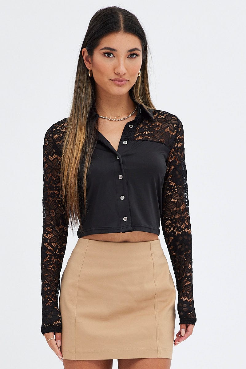 Black Lace Top Long Sleeve Collared Button Up Shirt