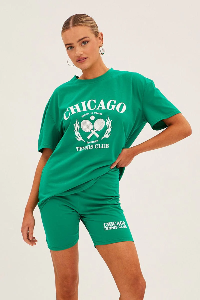 Green Graphic T And Biker Shorts Set