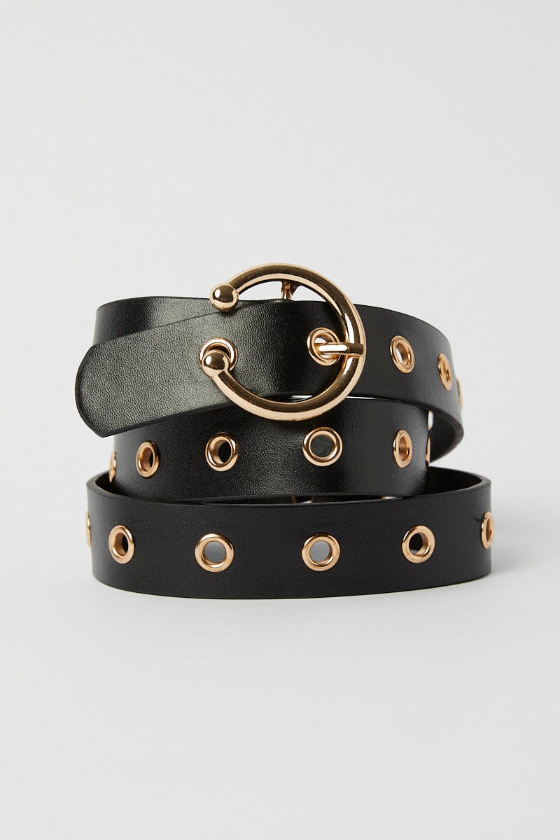 Black Circle Buckle Belt with Eyelet Detail