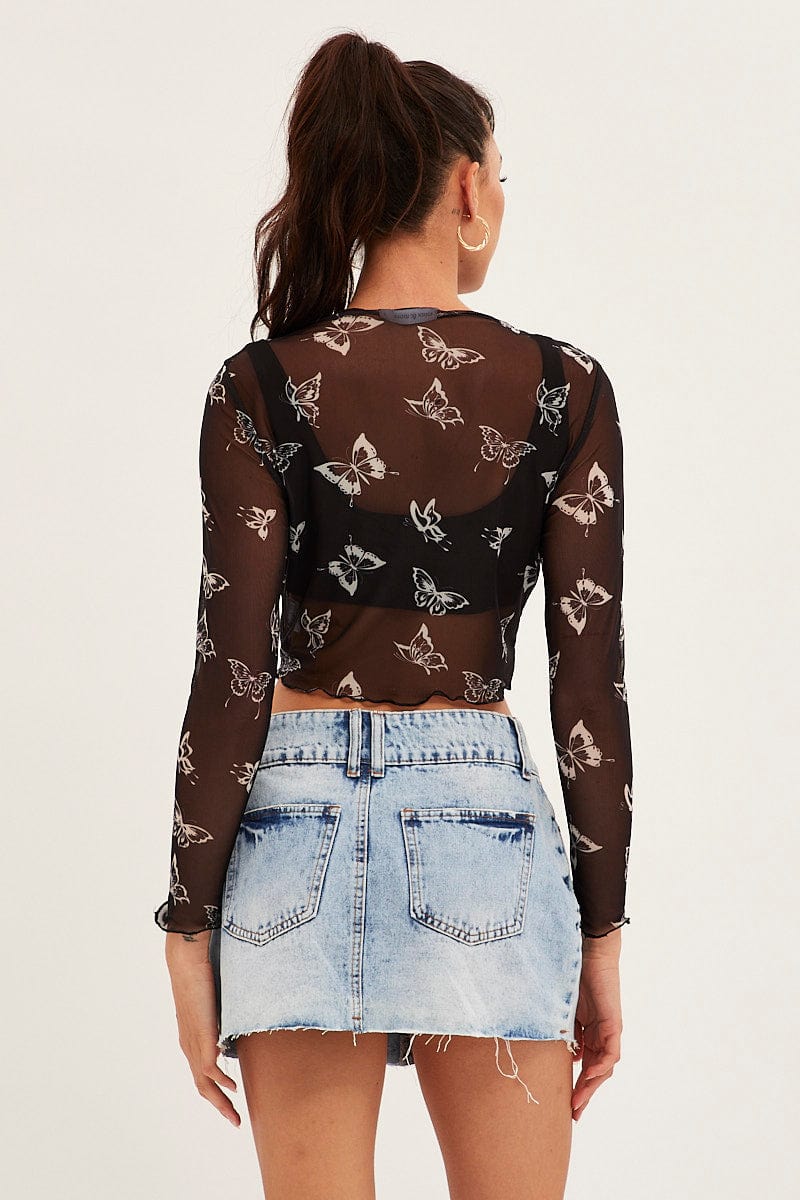 Black Mesh Long Sleeve Crop Top