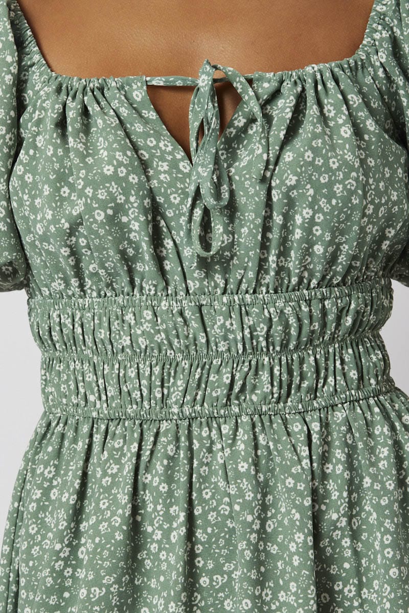 Green Ditsy Fit And Flare Dress Puff Sleeve Mini