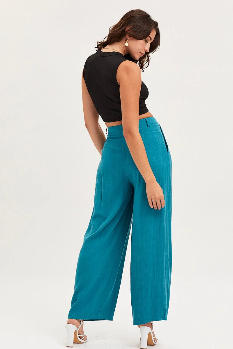 Blue Wide Leg Pants High Rise