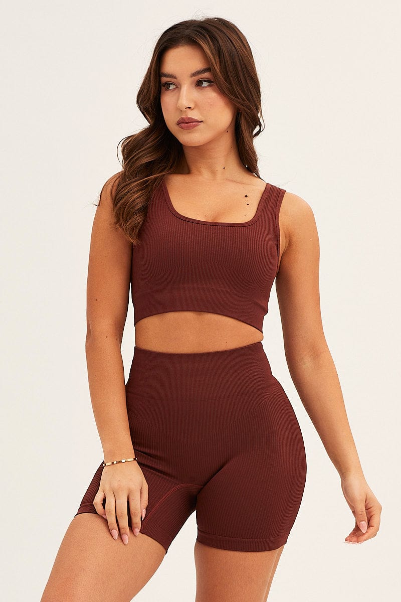Brown Biker Shorts Activewear High Rise Seamless