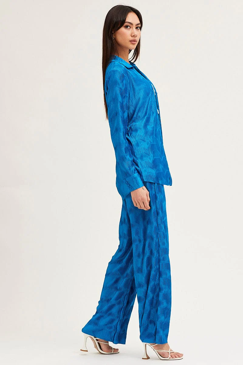 Blue Long Sleeve Plisse Shirt