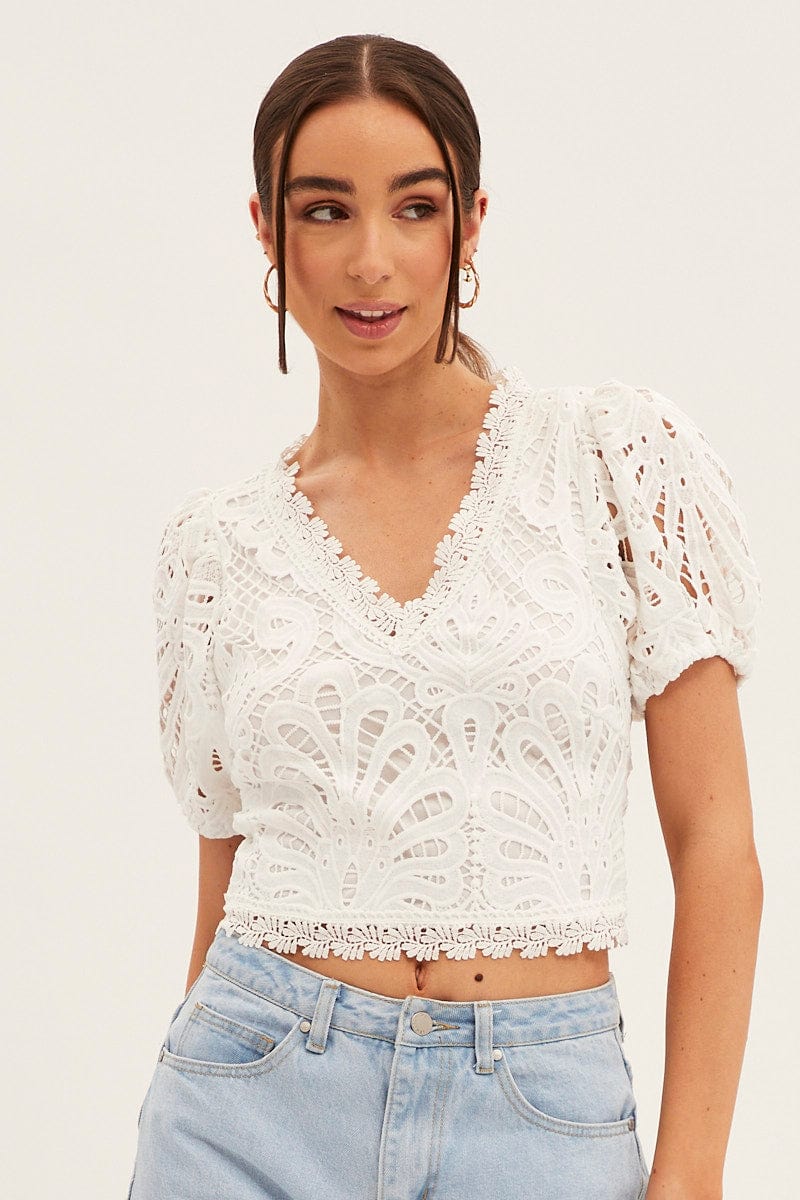 White Lace Top Short Sleeve V Neck Crop