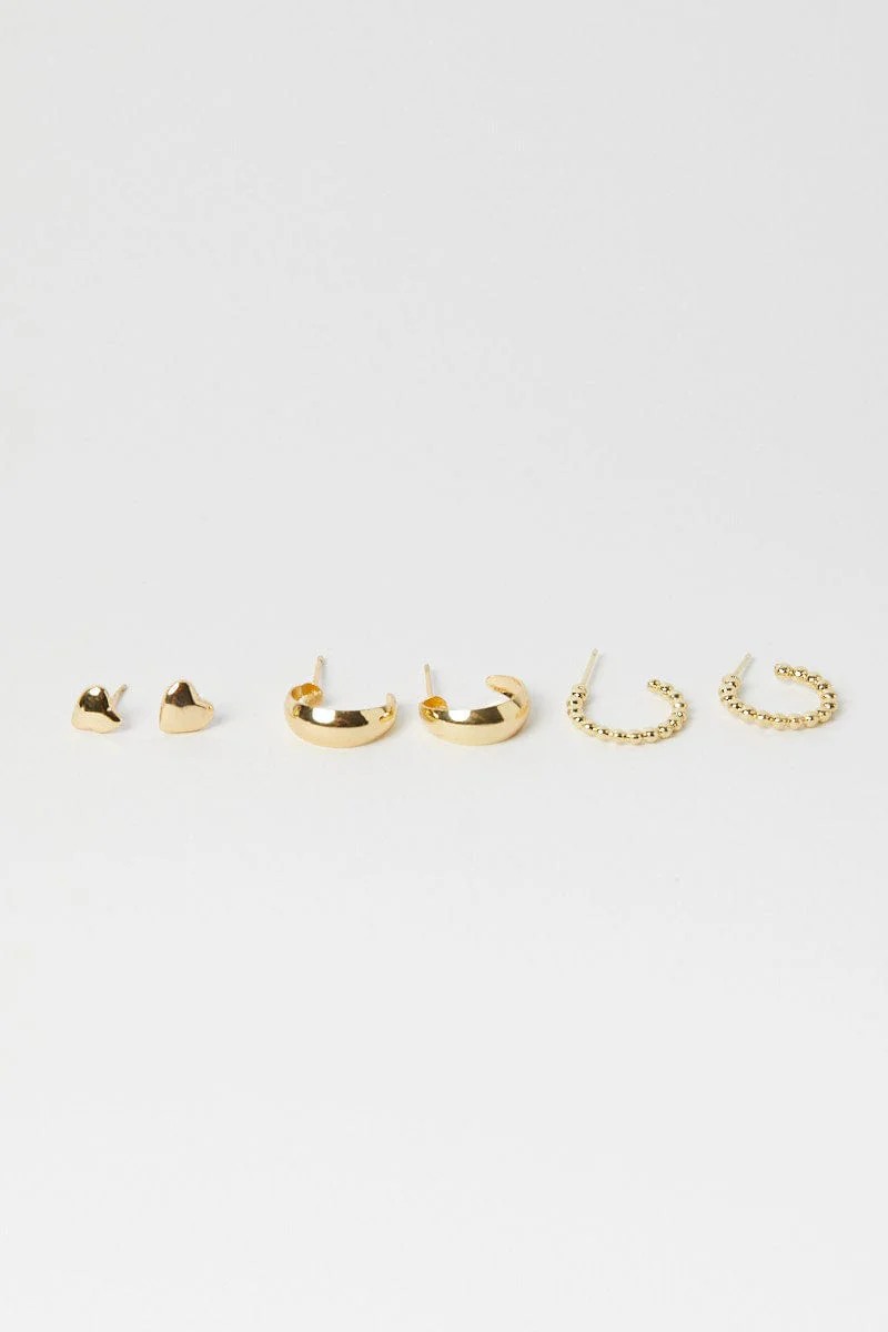 Gold 3 Pack Heart and Hoop Earrings