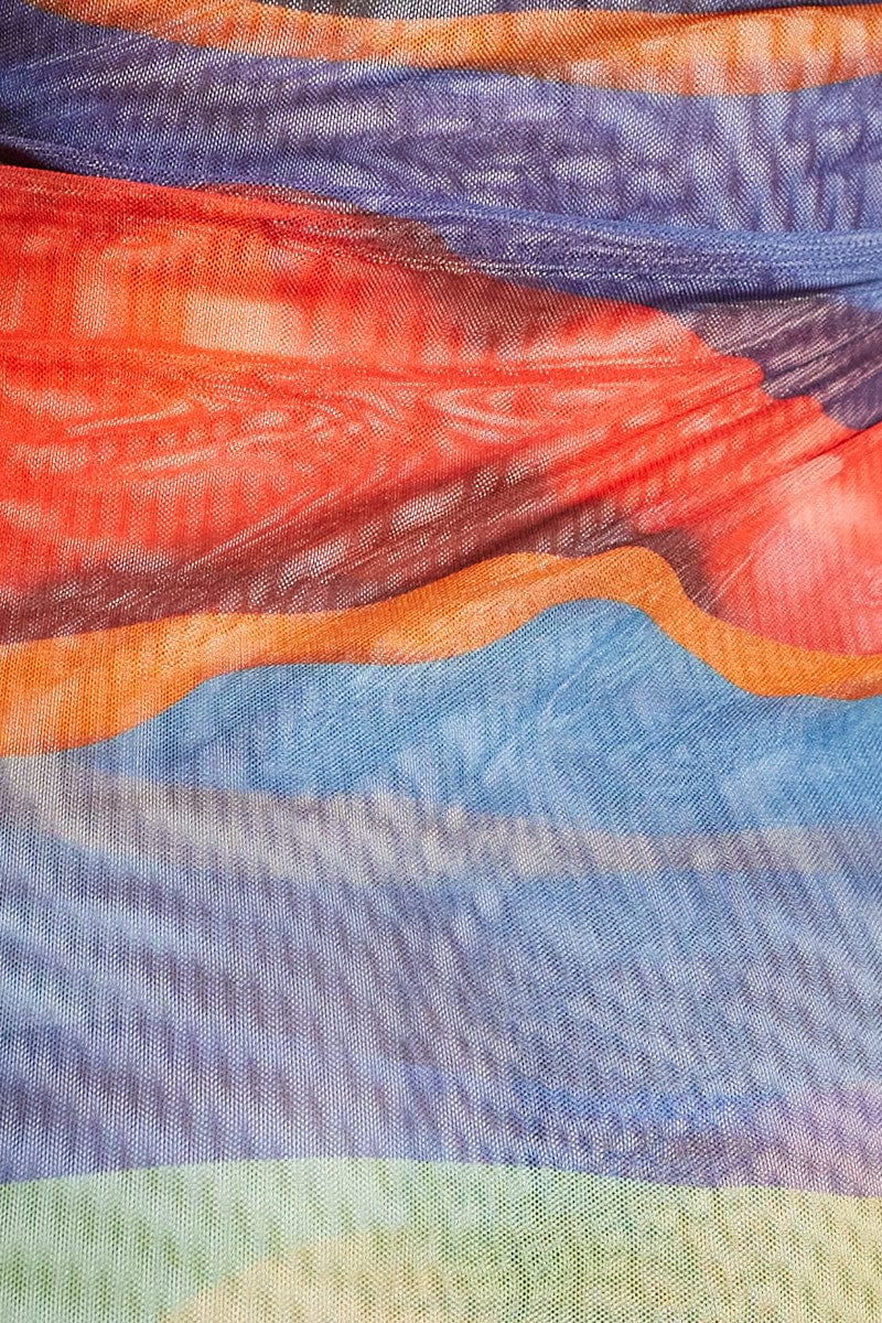 Blue Abstract Landscape Print Mesh Dress