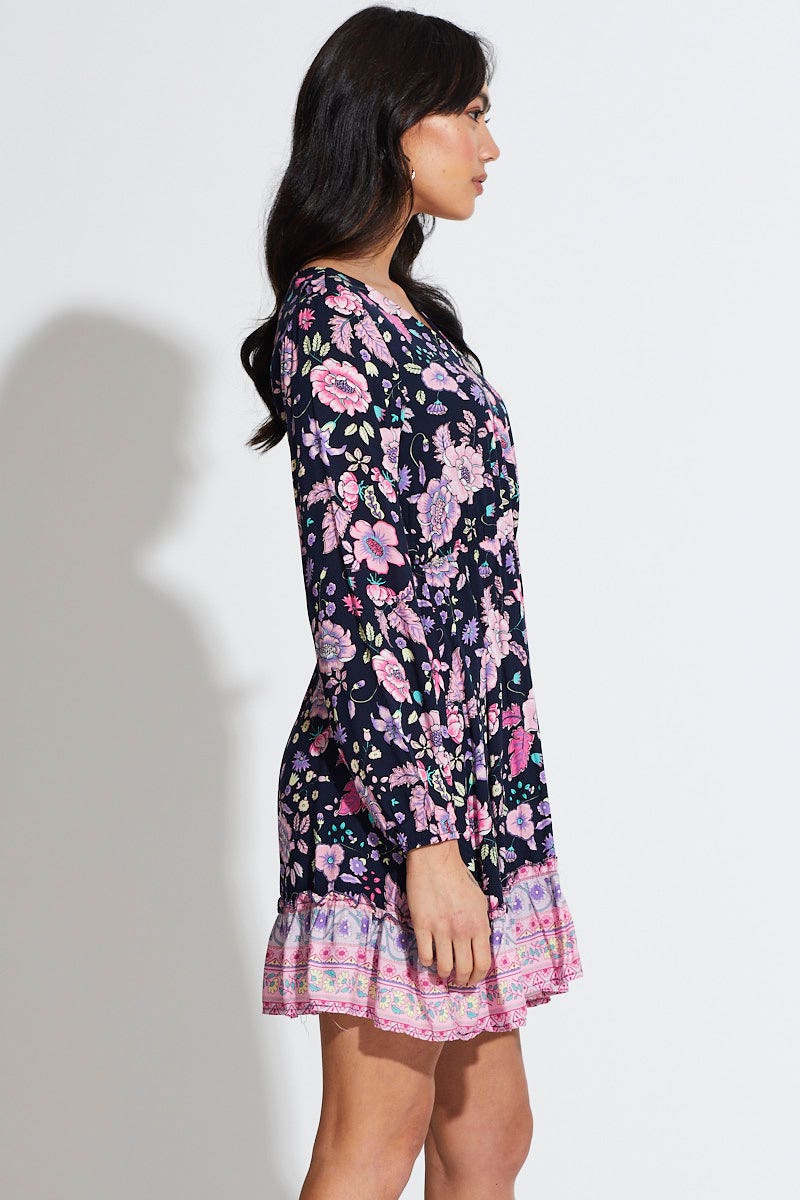 Boho Print Mini Dress Long Sleeve V Neck