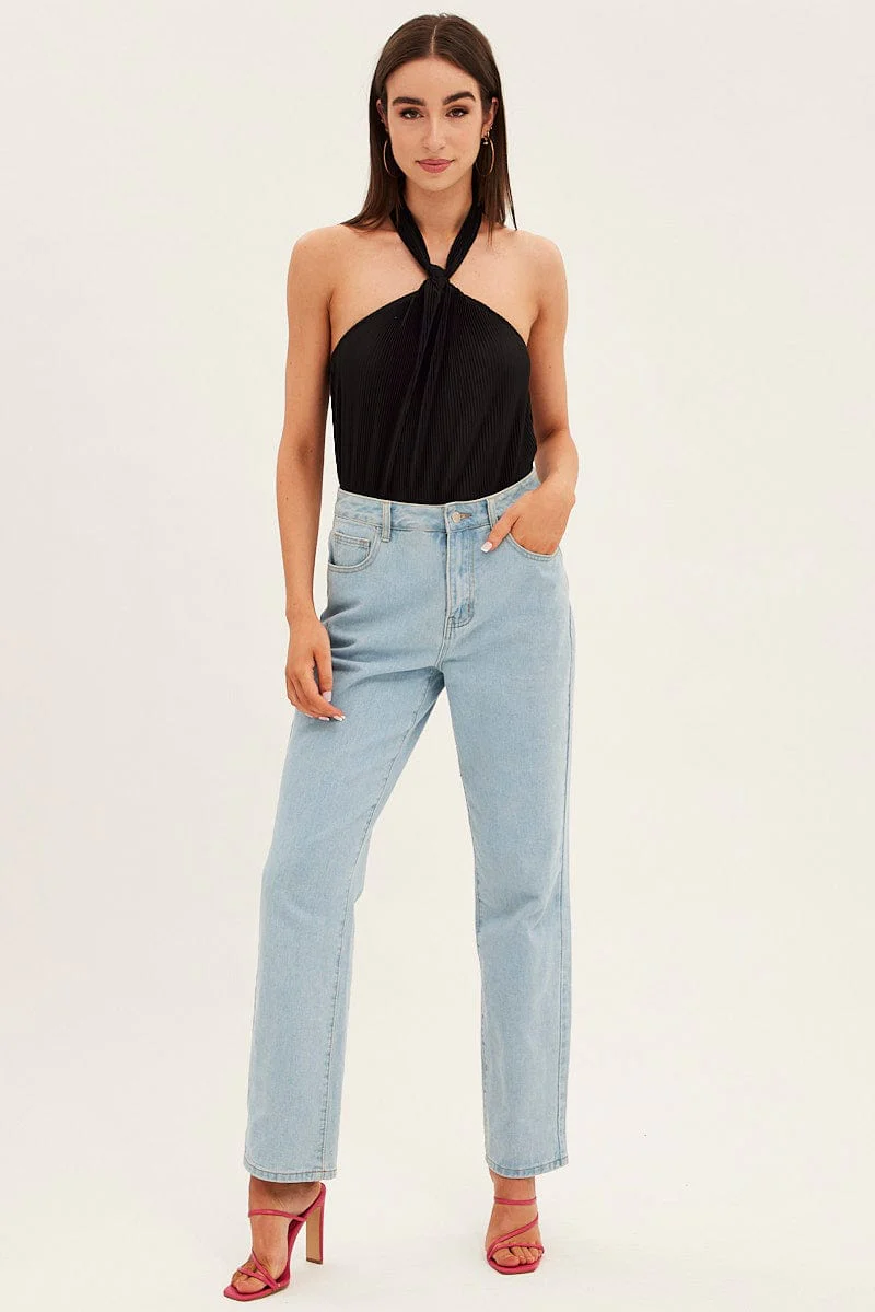 Black Plisse Bodysuit Twist Halter Sleeveless