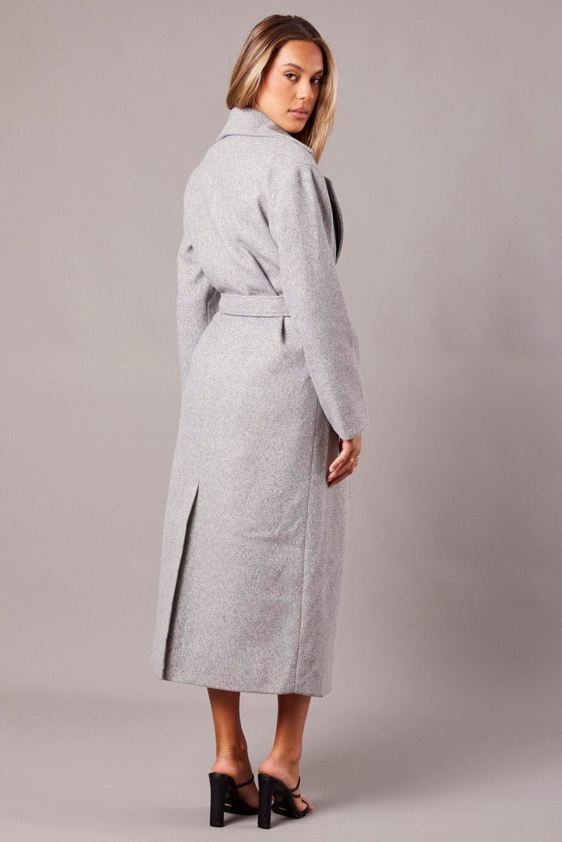 Grey Long Coat Long Sleeve Tie Front