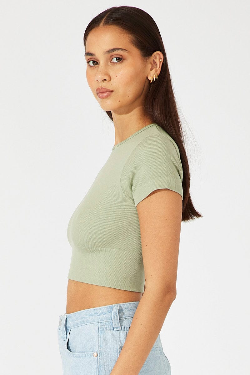 Green T Shirt Short Sleeve Crew Neck Seamless