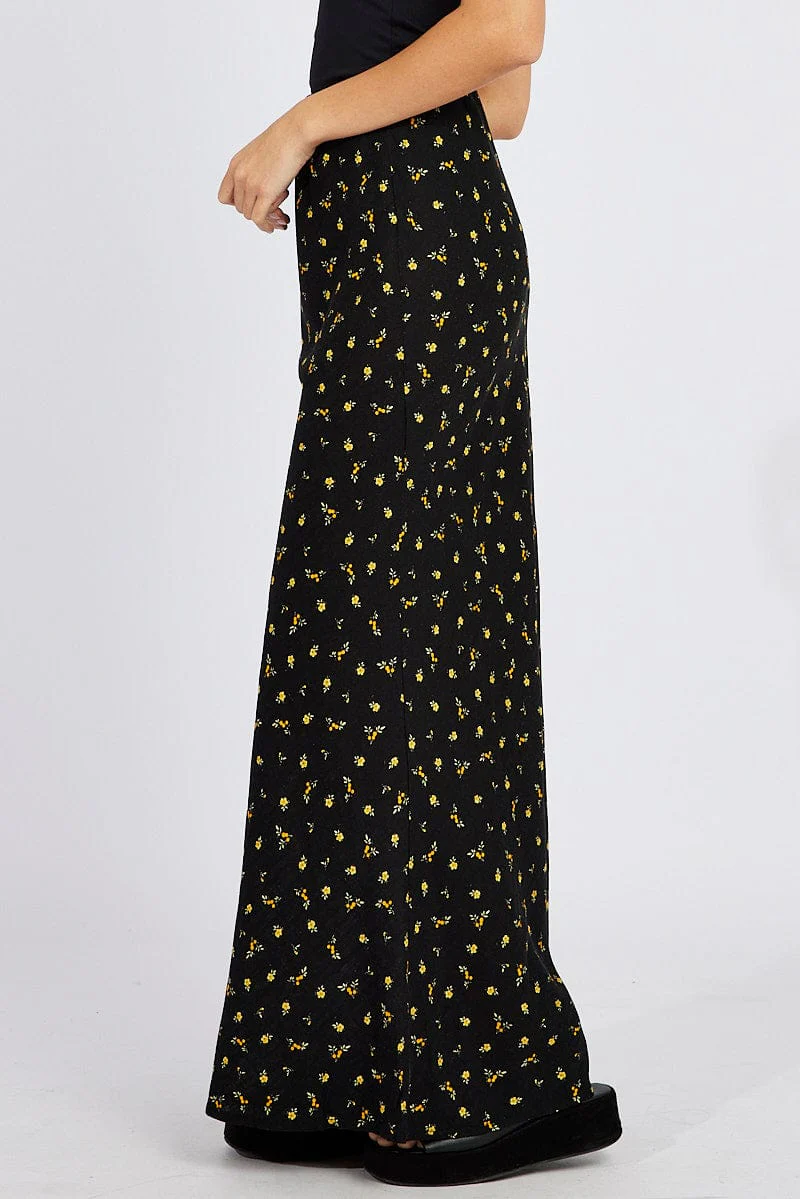 Black Floral Slip Skirt Maxi Linen Blend