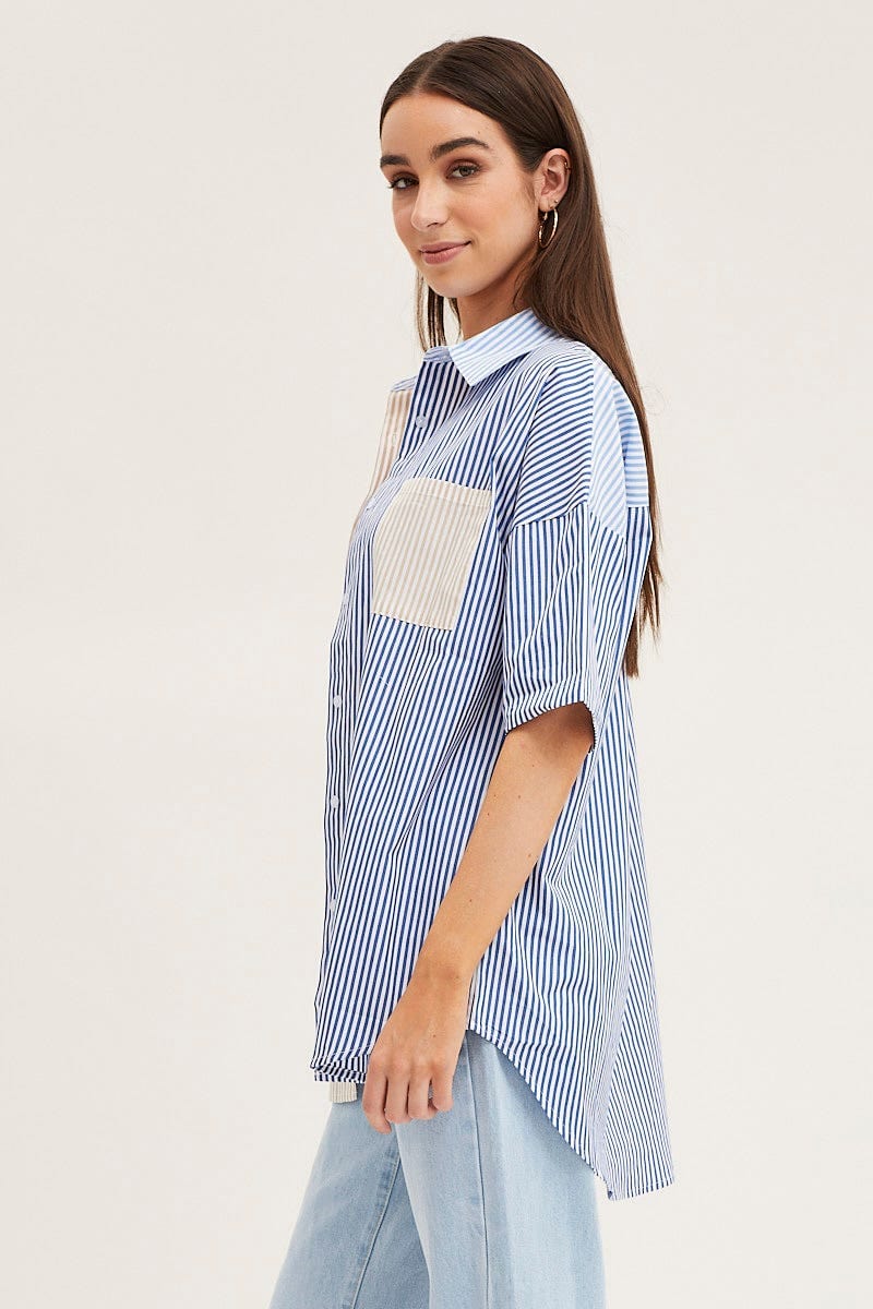 Stripe Half Sleeve Stripe Longline Shirt