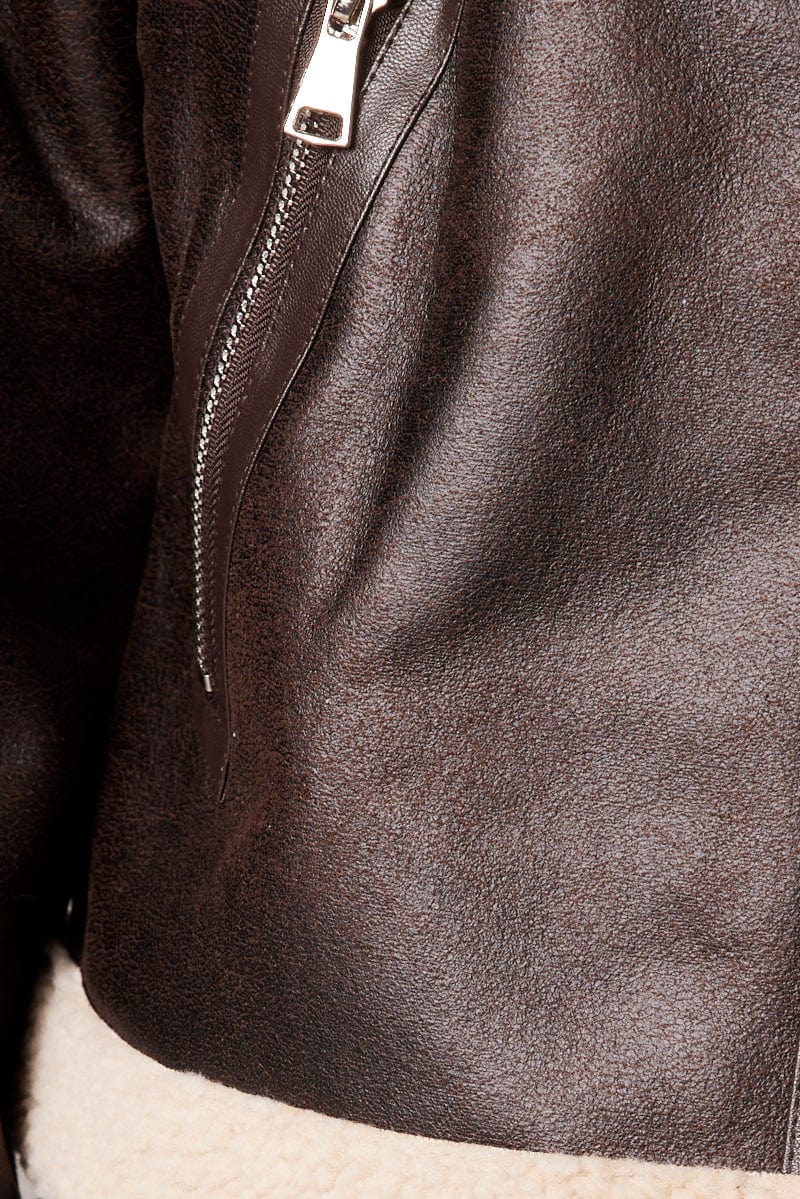 Brown Oversized Jacket Collared Long Sleeve Faux Leather