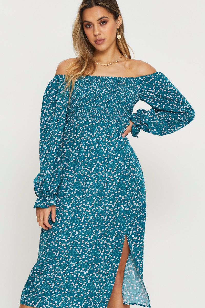Print Midi Dress Off Shoulder