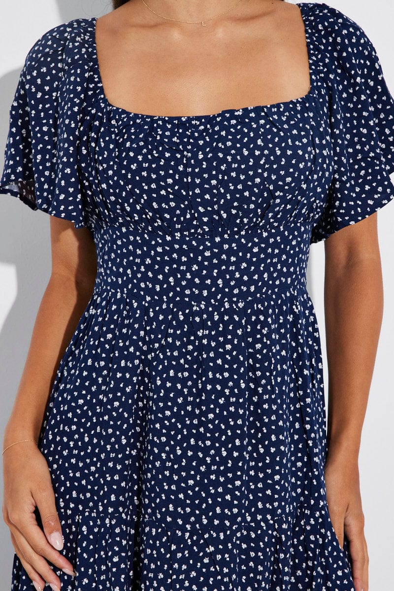 Blue Ditsy Maxi Dress Square Neck Tiered