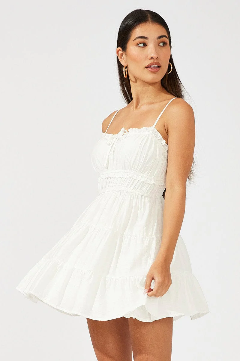 White Fit and Flare Dress Sleeveless Tiered