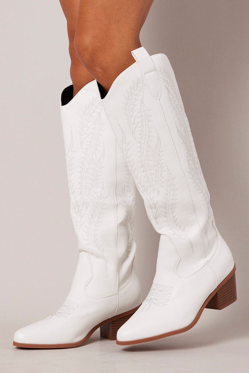 White Embroidered Western Boots
