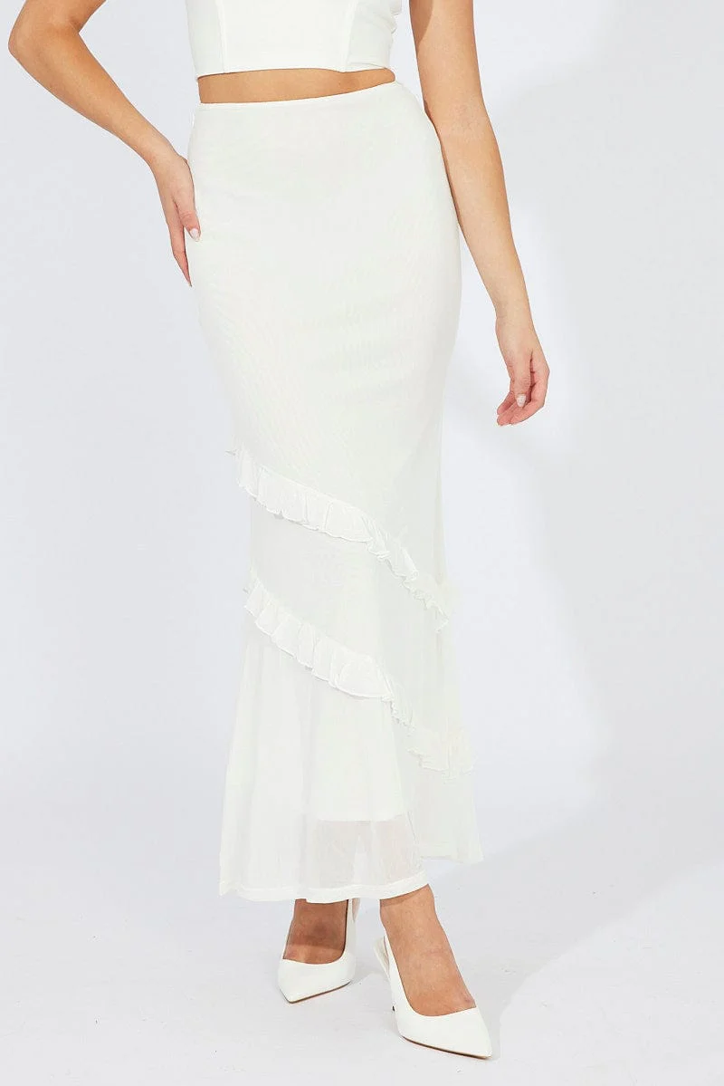 White Maxi Skirt Mesh Asymmetric Ruffle
