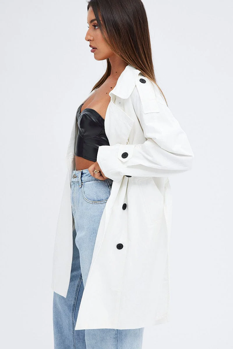 White Longline Trench Coat With Tie