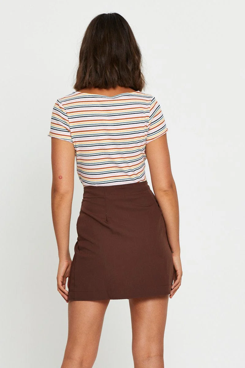 Brown High Waist Linen Front Slit