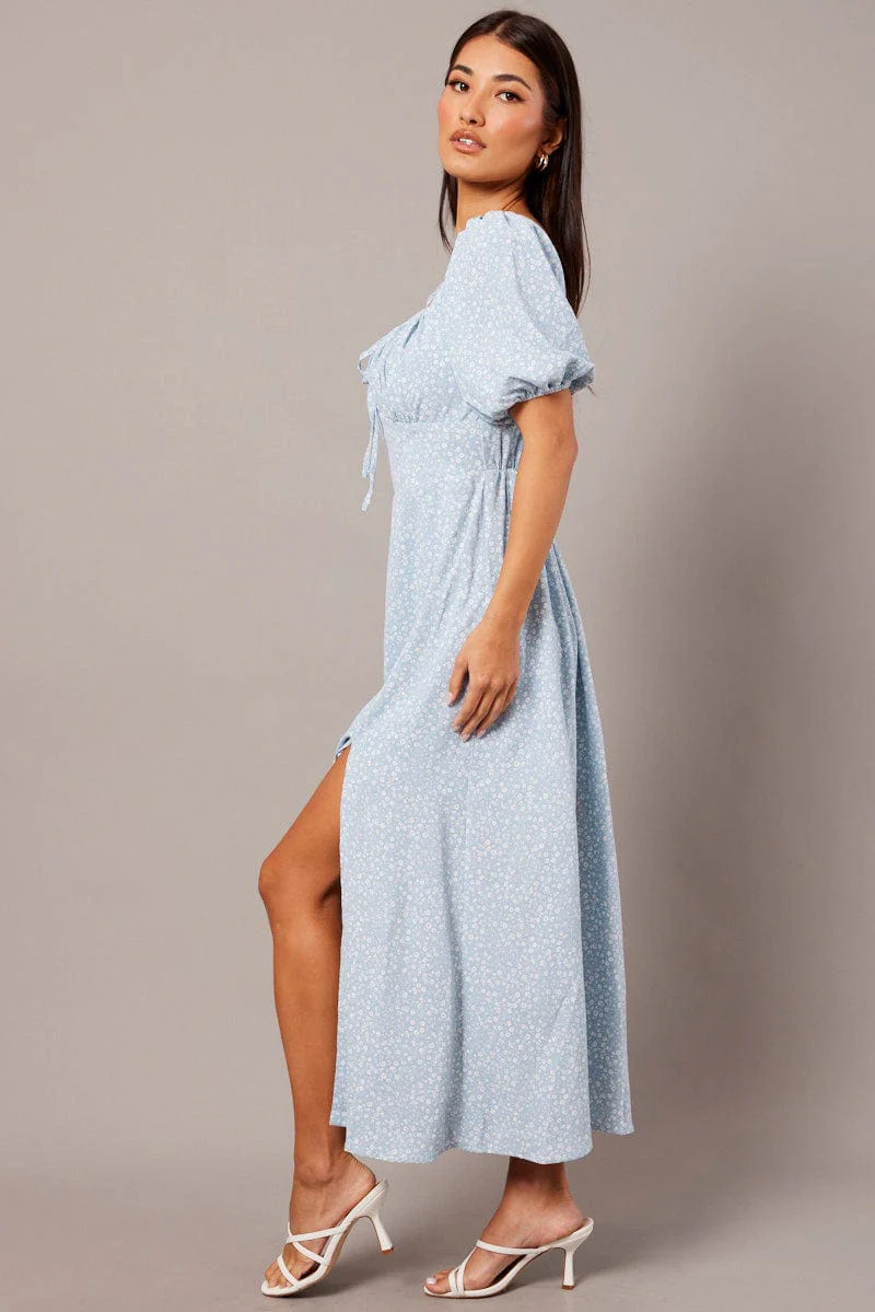 Blue Ditsy Midi Dress Short Sleeve Ruched Bust